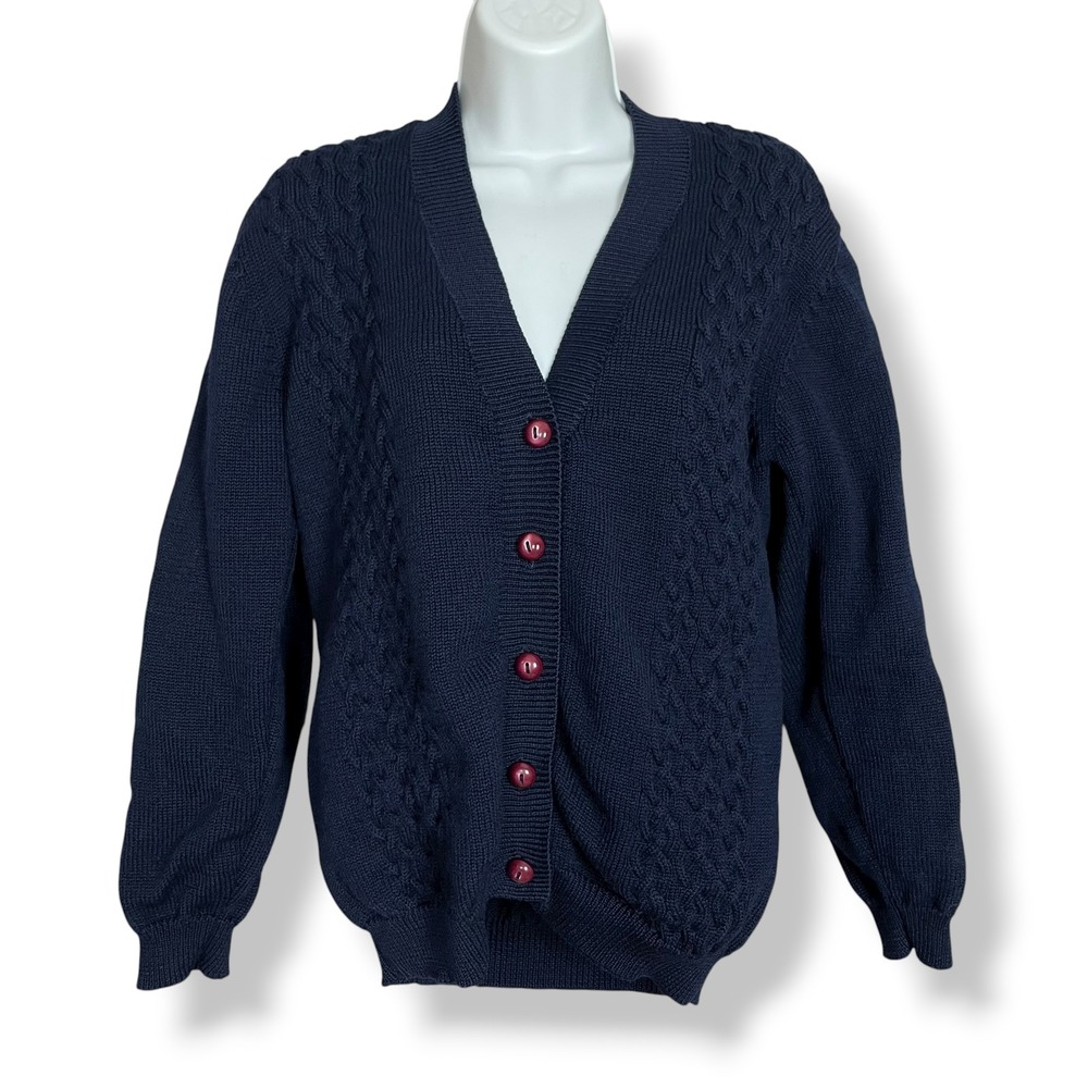 Nordstrom Cardigan Sweater Women Petite Small Navy Blue Merino Wool Cable Knit